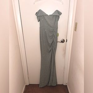 Windsor off the shoulder green/silver prom dress with slit